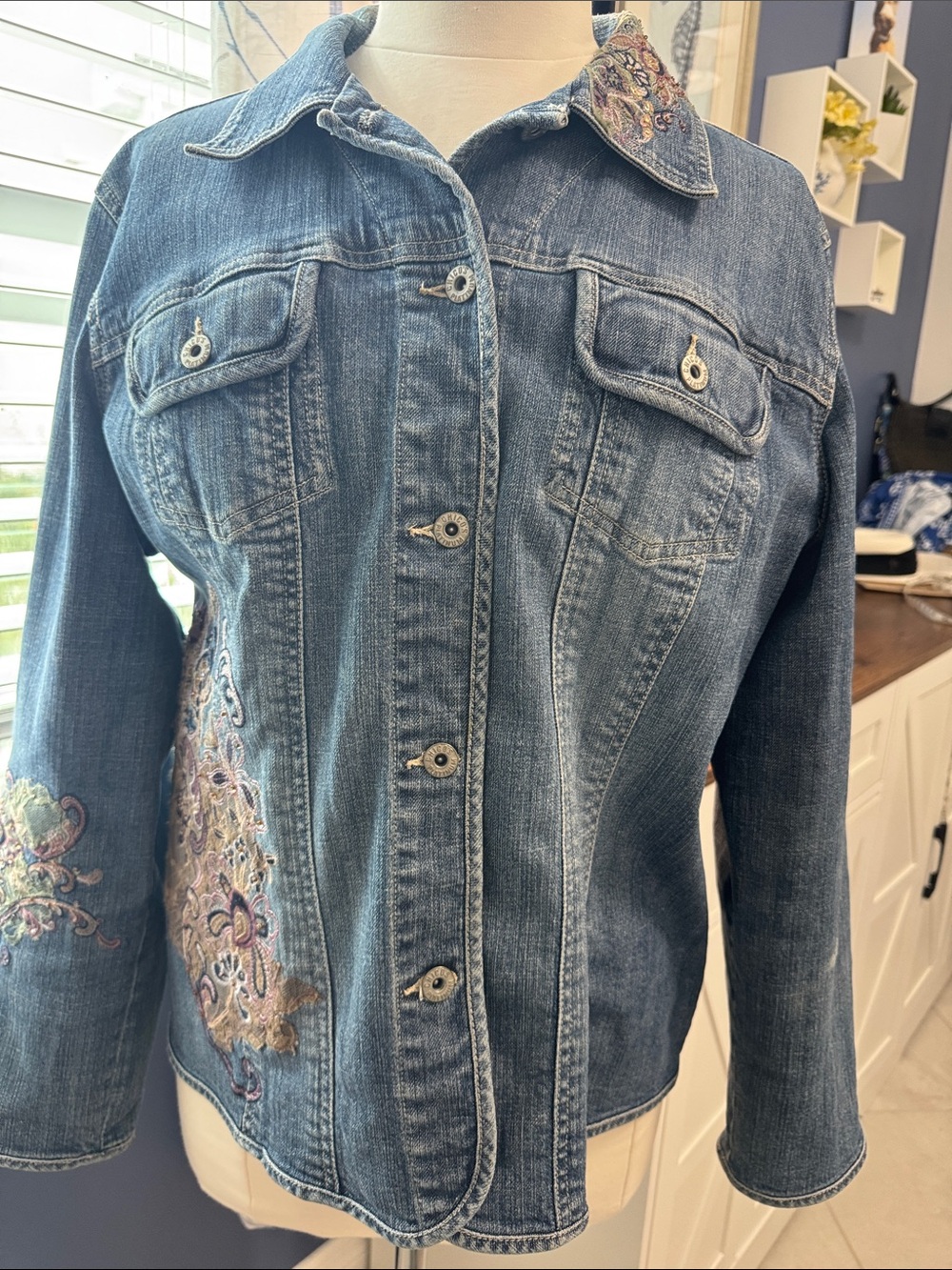 Chico’s- Women’s Blue Denim Jacket with Embroidered Detail